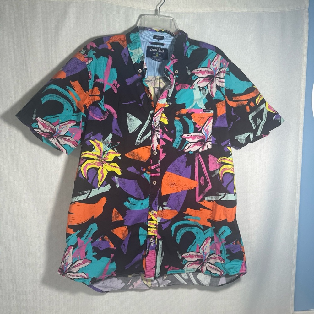 chubbies Men’s XL Black Button-Up Shirt with Teal, Pink & Yellow Accents